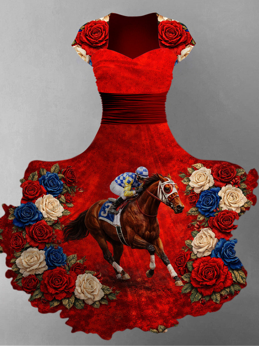 Retro Derby Horse Art Printed Vintage V-Neck Pleated Waist Short Sleeve Midi Dress